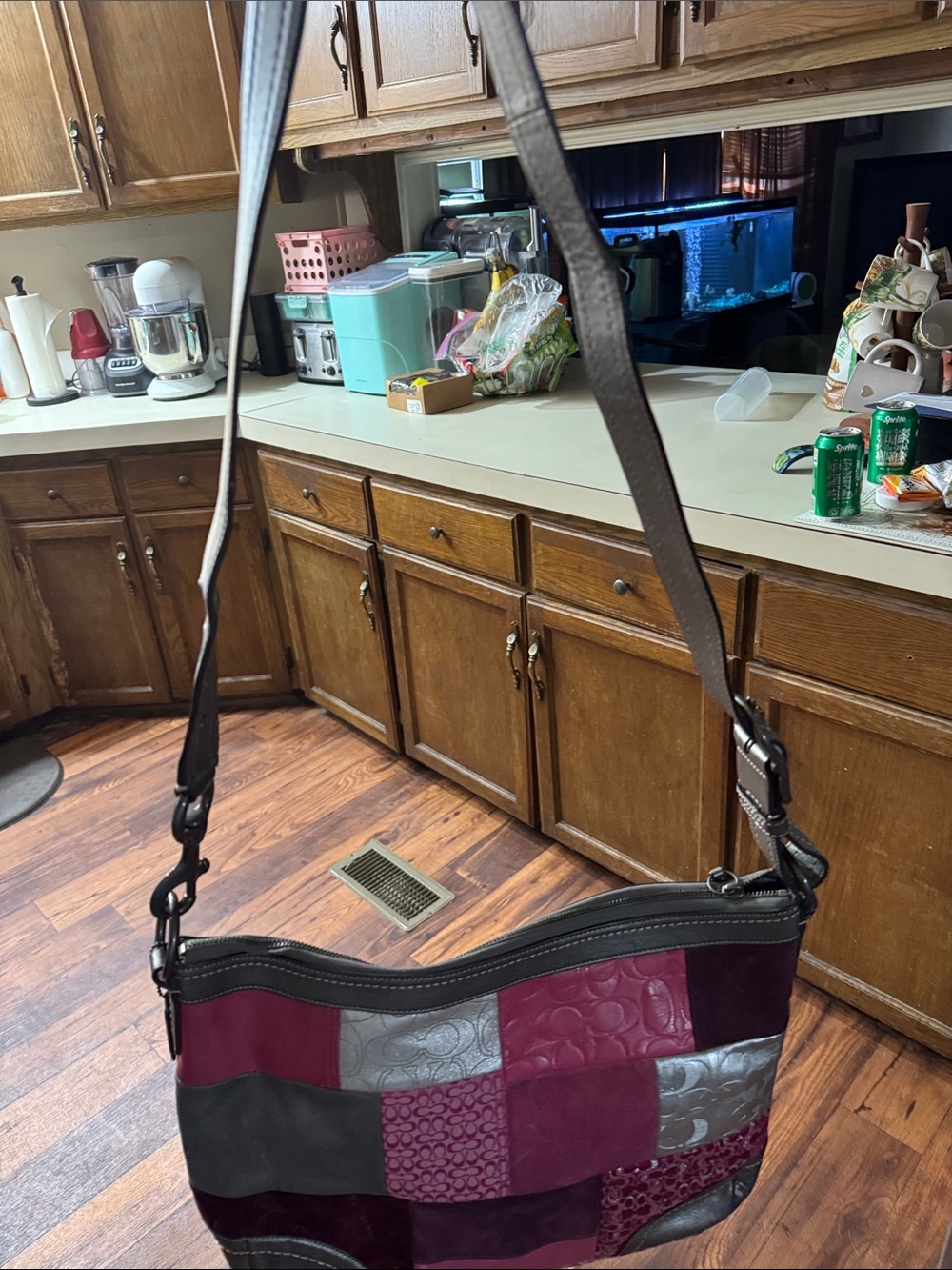 Coach Patchwork Shoulder Bag in Burgundy, Gray and Pink